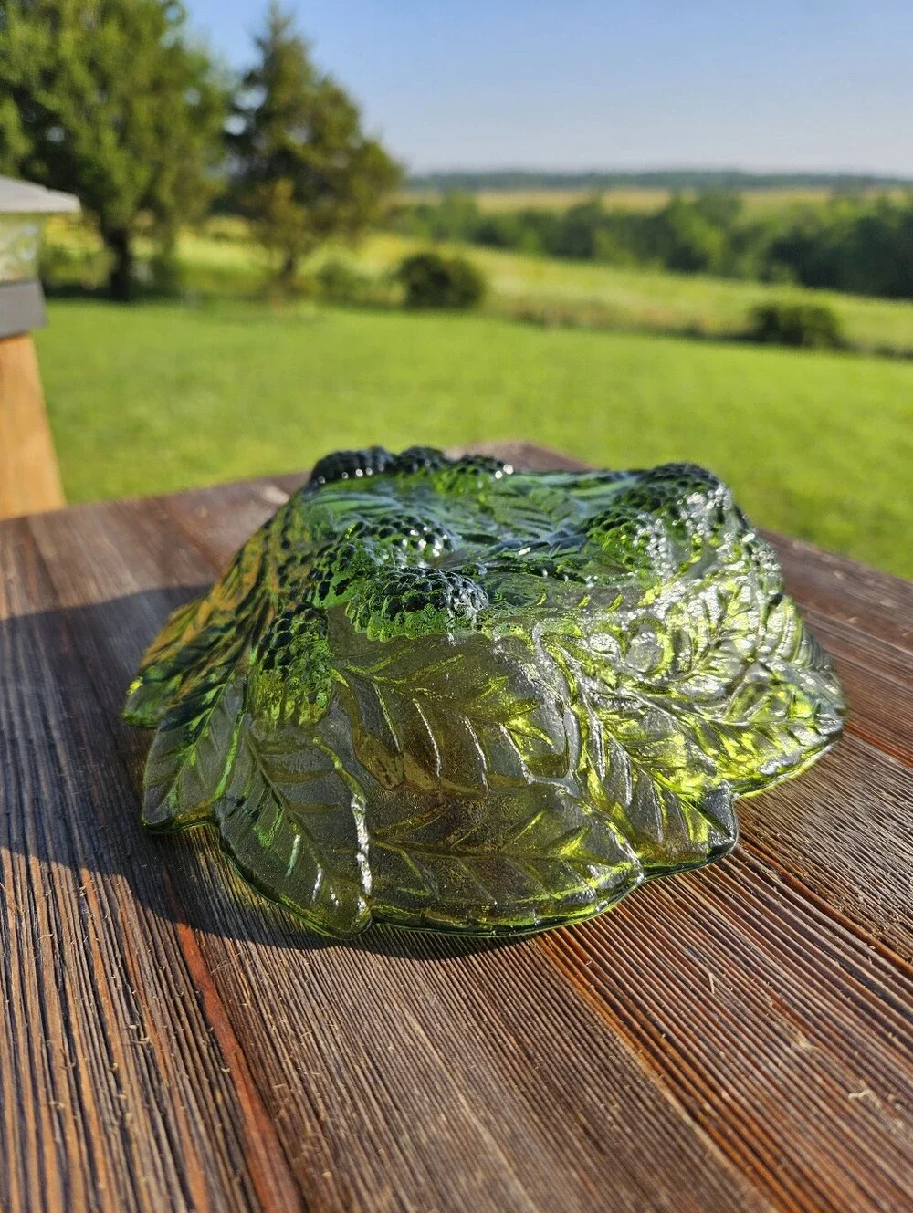 Green glass berry bowl with embossed leaf and berry design  #cottagecore